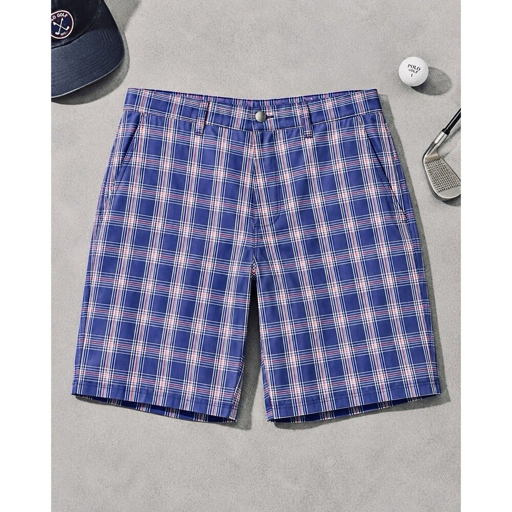 Callaway Golf Men’s Blue Plaid Flat Front Shorts 30 Pockets Belt Loops Logo